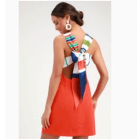 Lulu's Joyful Red Orange Multi Stripe Tie-Back Mini‎ Dress Size Small - Picture 1 of 7